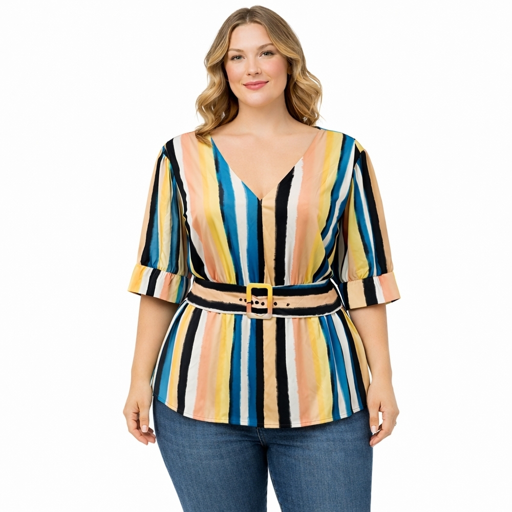 Lane Bryant Popover Blouse Top Spring Summer Pink Blue Stripes Striped size 20